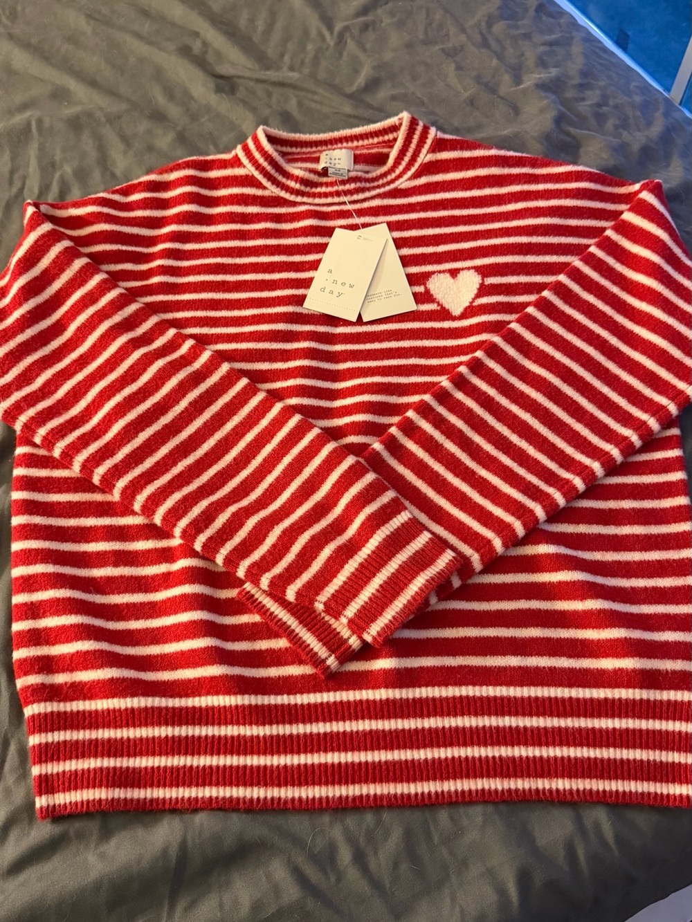 a new day Red and White Striped Crewneck Sweater with Heart Detail
